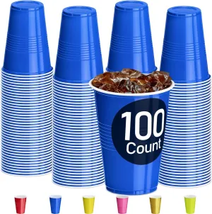 DecorRack 100 Count Blue Party Cups, 16 oz BPA Free Plastic Cups, Perfect for Birthday, Picnic, Indoor and Outdoor Event, Stackable, Reusable, Disposable Round Beverage Drinking Cups (100 Pack)