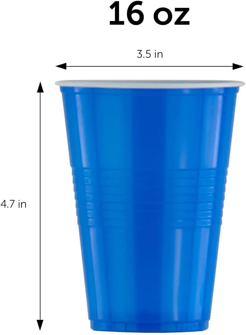 DecorRack 100 Count Blue Party Cups, 16 oz BPA Free Plastic Cups, Perfect for Birthday, Picnic, Indoor and Outdoor Event, Stackable, Reusable, Disposable Round Beverage Drinking Cups (100 Pack)