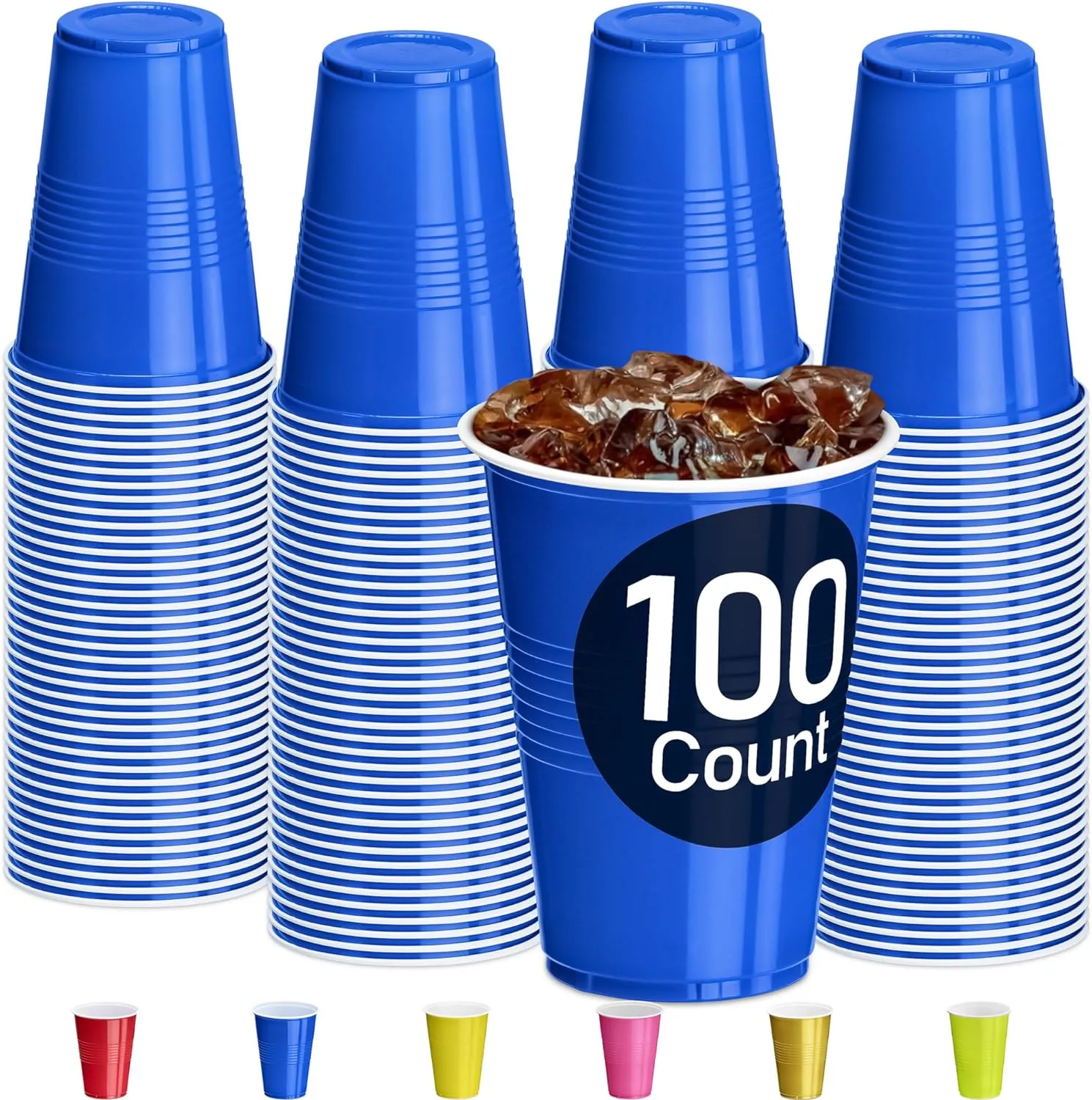 DecorRack 100 Count Blue Party Cups, 16 oz BPA Free Plastic Cups, Perfect for Birthday, Picnic, Indoor and Outdoor Event, Stackable, Reusable, Disposable Round Beverage Drinking Cups (100 Pack)