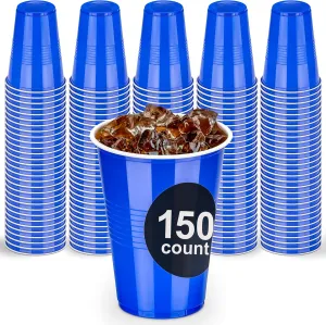 DecorRack 150 Count Blue Party Cups, 16 oz BPA Free Plastic Cups, Perfect for Birthday, Picnic, Indoor and Outdoor Event, Stackable, Reusable, Disposable Round Beverage Drinking Cups (150 Pack)