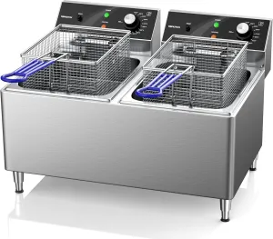 Deep fryer Commercial Deep Fryer 12L x 2/25.4QT Dual Tank Electric Deep Fryers with Basket Electric Countertop Fryer for Restaurant with 2 Frying Baskets, 3300W x 2, 240V Two 6-15 Phase Plugs