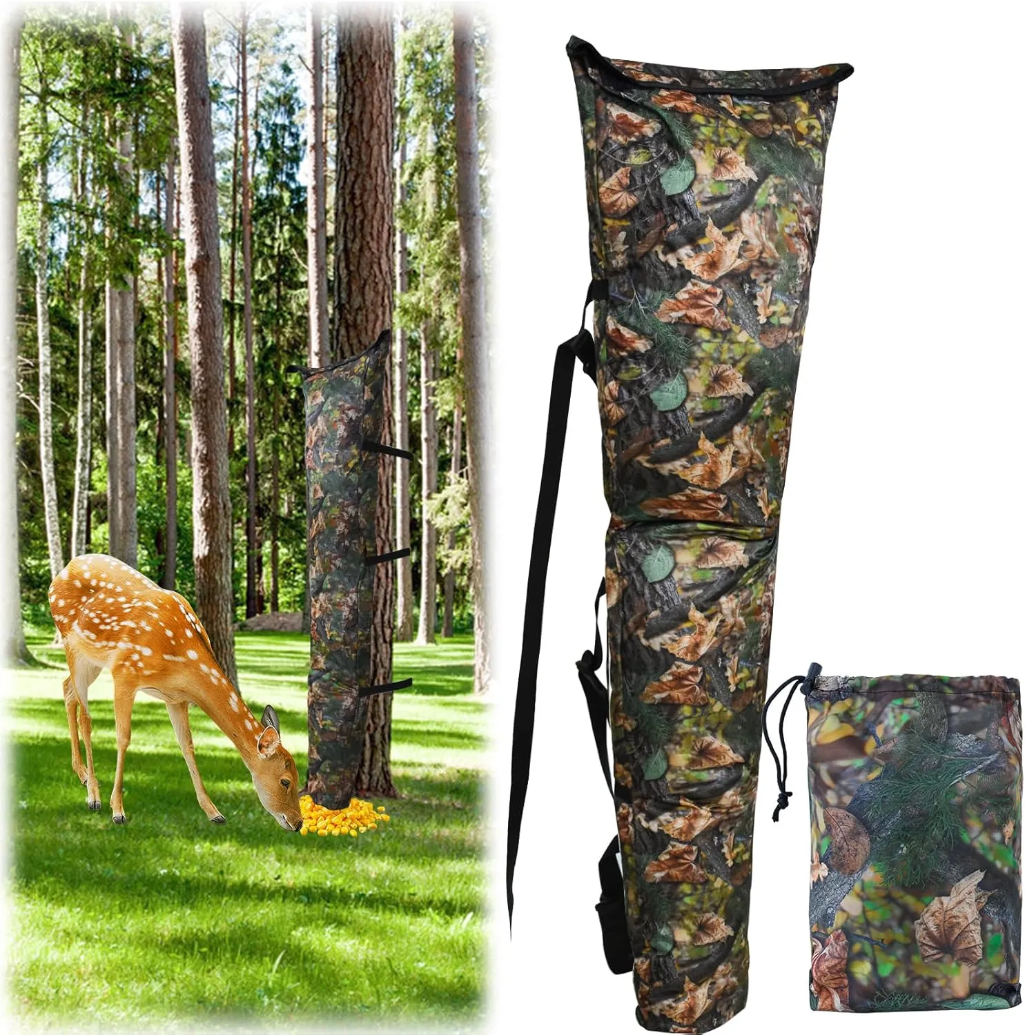 Deer Feeder Bag, Adjustable Waterproof Tree Hugger Camo Gravity Deer Corn Feeder Bag 100lb for Wild Game Hunting Accessories