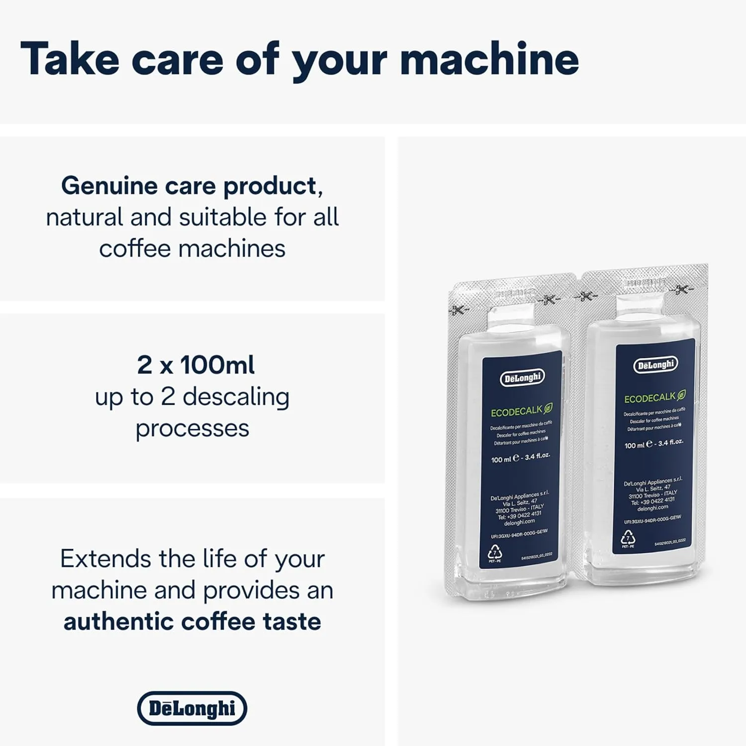 De'Longhi EcoDecalk Descaler, Eco-Friendly Universal Descaling Solution for Coffee & Espresso Machines, 2-Pack (1 use per pack)