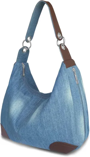 Denim Handbags for Women Jean Purse with Multiple Pockets Denim Blue Pocketbooks Tote Hobos Crossbody Bags