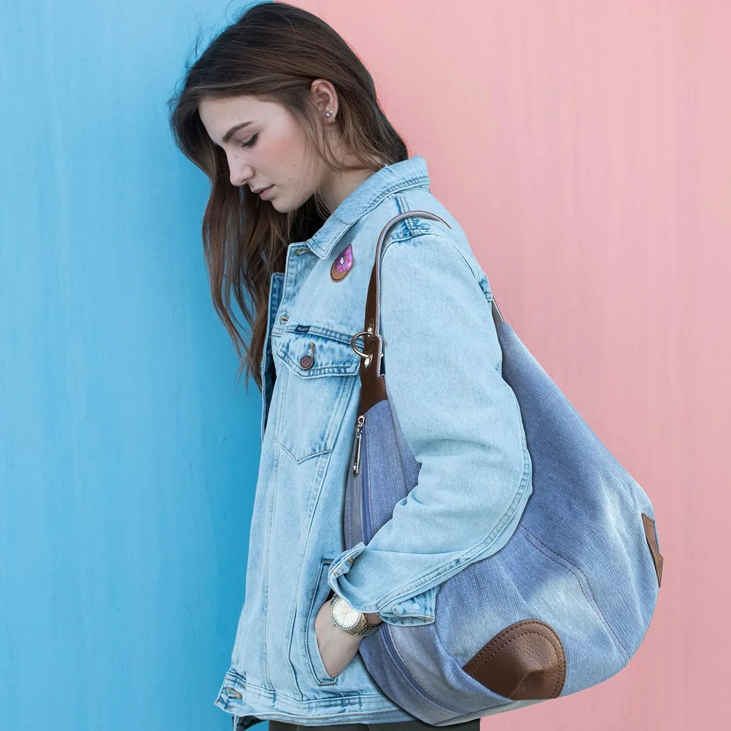 Denim Handbags for Women Jean Purse with Multiple Pockets Denim Blue Pocketbooks Tote Hobos Crossbody Bags