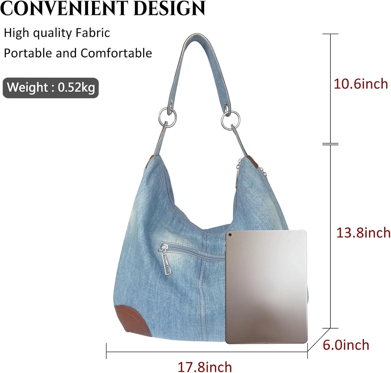 Denim Handbags for Women Jean Purse with Multiple Pockets Denim Blue Pocketbooks Tote Hobos Crossbody Bags