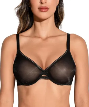 Deyllo Women's Sheer Mesh Lace Unlined Underwire Bra Sexy See-Through Demi Bralette