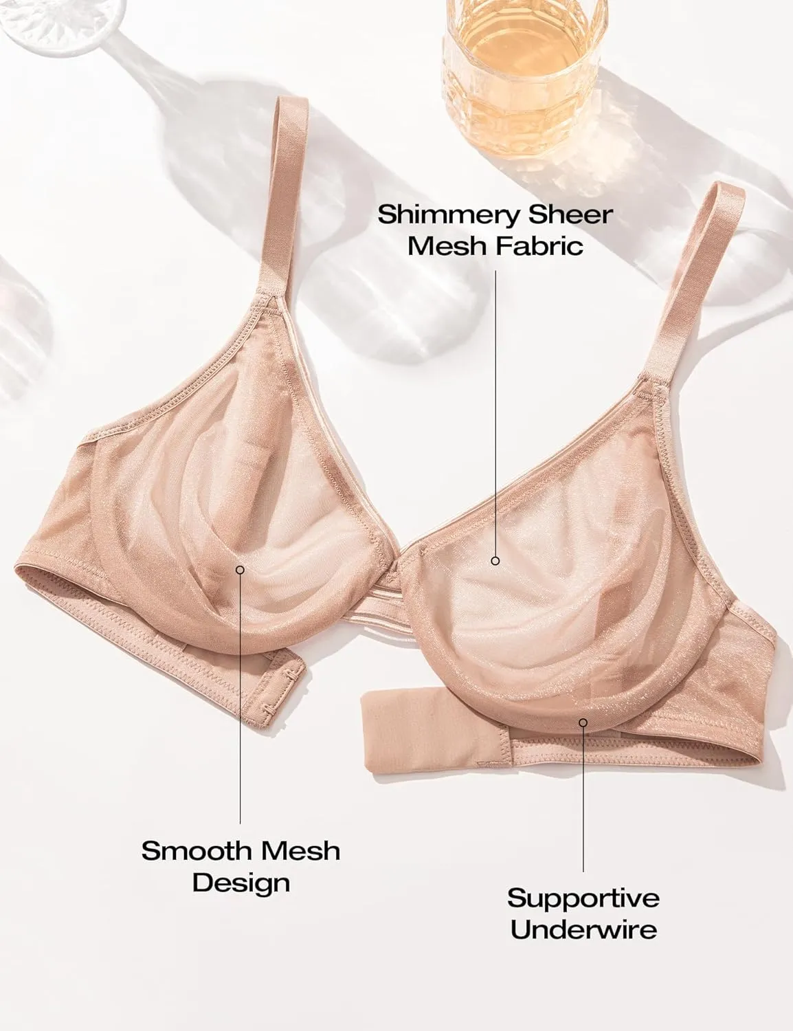 Deyllo Women's Sheer Mesh Lace Unlined Underwire Bra Sexy See-Through Demi Bralette