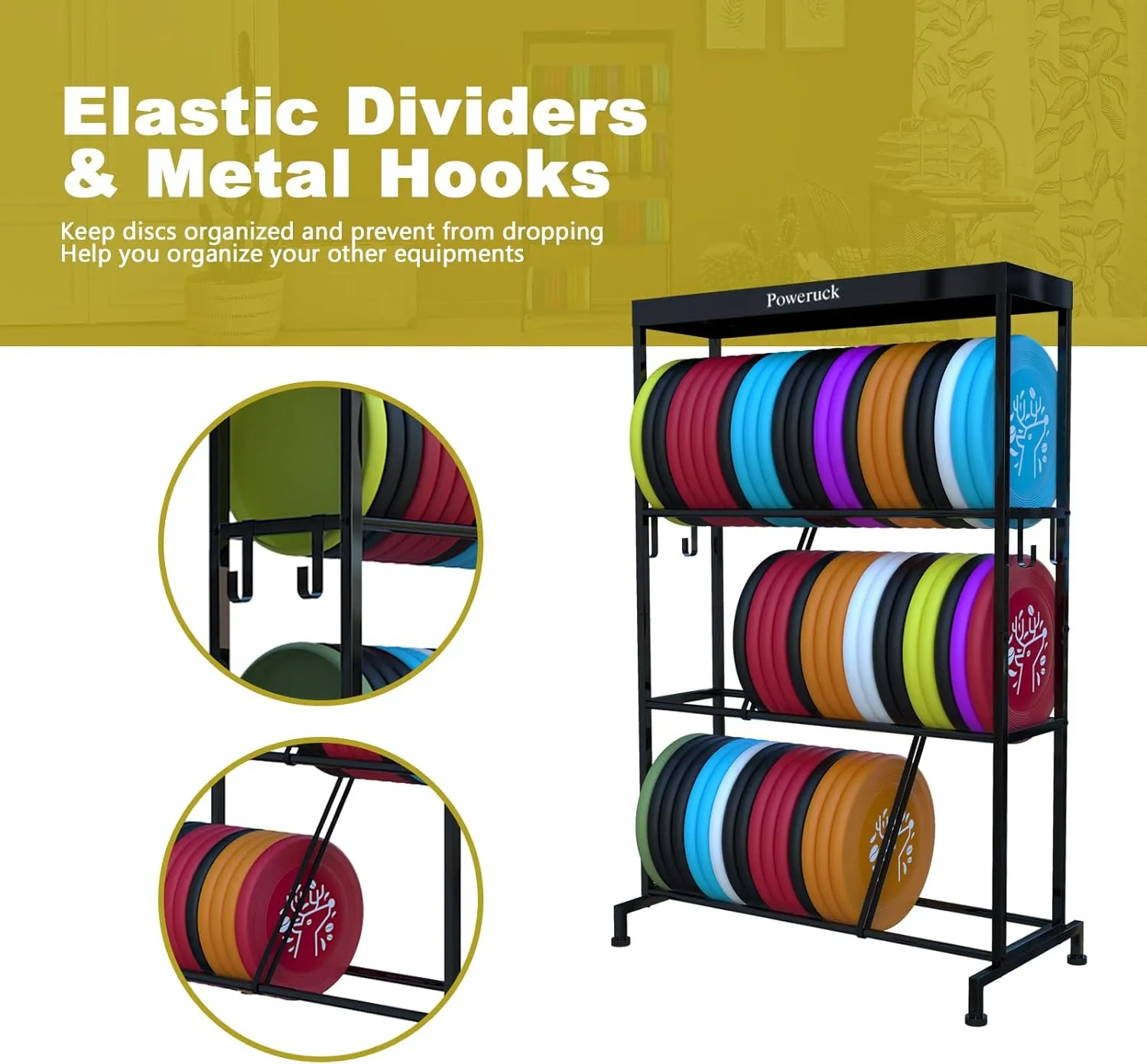 Disc Golf Storage Racks, Large Capacity Storage Holder Rack for Sports Discs, 3 Tier Metal Shelves Organizer for Home Garage Basement