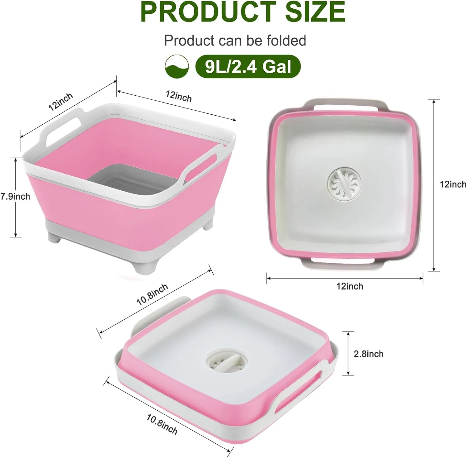 Dishpan for Washing Dishes,9L Collapsible Dish Tub Portable Sink,Wash Dish Basin,Foldable Laundry Tub,Washing Basin with Drain Plug,Dishpan for Kitchen Sink,Camping Dish Washing Tub Pink