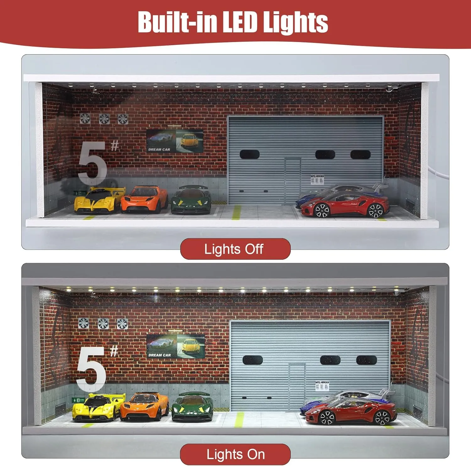 Display Case for Hot Wheels: Stackable Parking Garage for 1/64 Scale Matchbox Toy Car, Foam Board Storage for Monster Trucks with LED Light and Acrylic Cover, Red Factory