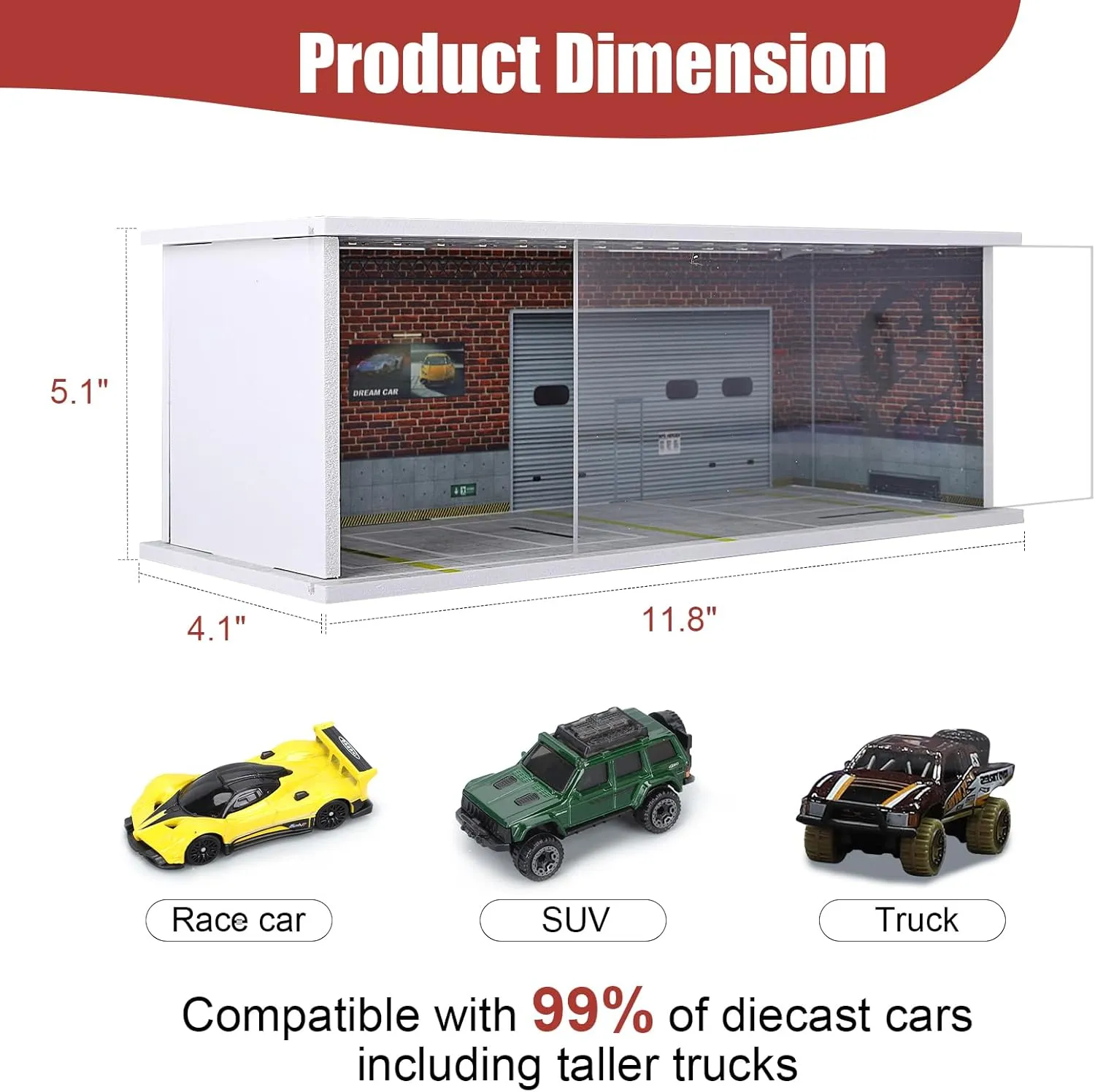 Display Case for Hot Wheels: Stackable Parking Garage for 1/64 Scale Matchbox Toy Car, Foam Board Storage for Monster Trucks with LED Light and Acrylic Cover, Red Factory