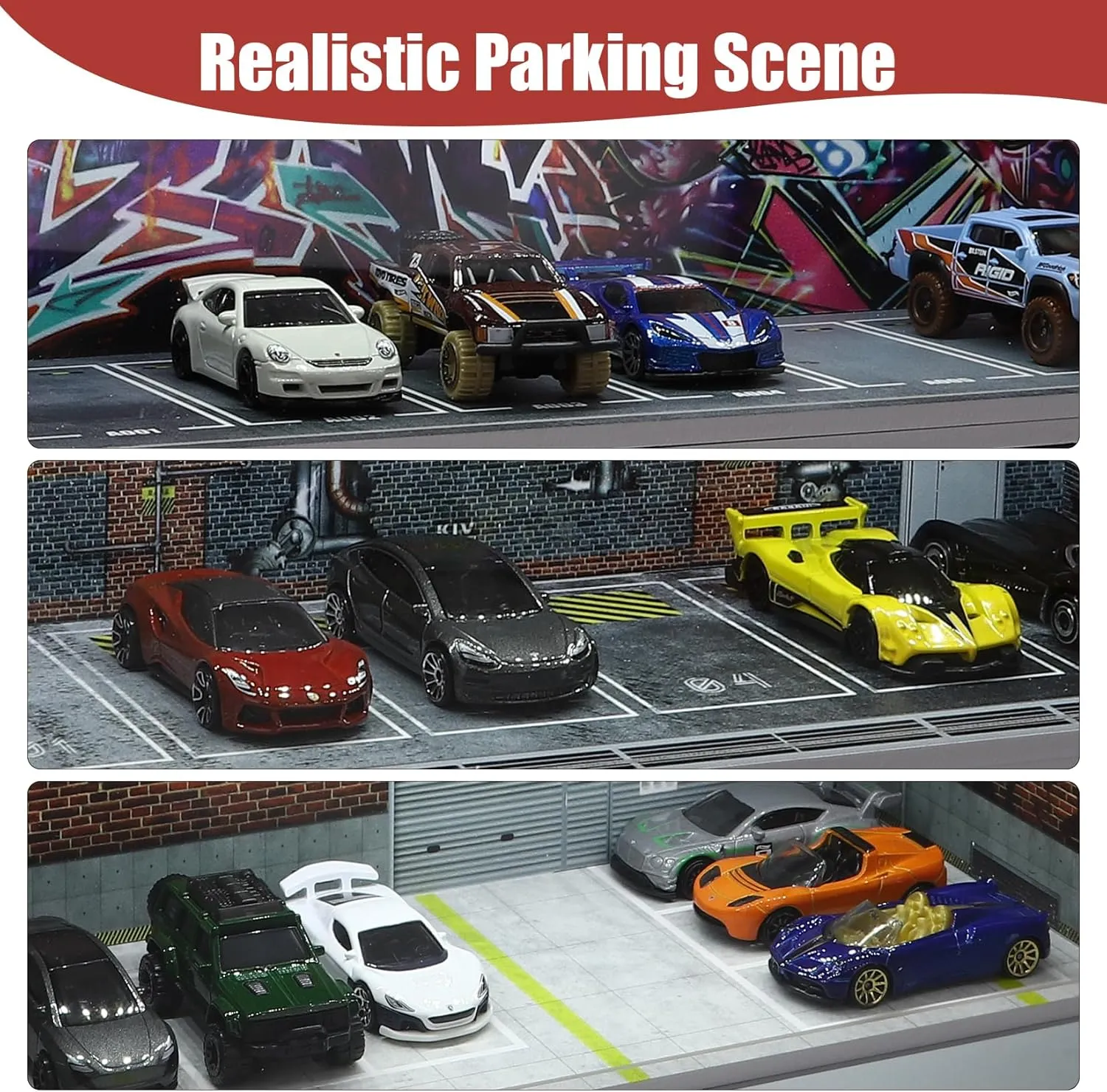 Display Case for Hot Wheels: Stackable Parking Garage for 1/64 Scale Matchbox Toy Car, Foam Board Storage for Monster Trucks with LED Light and Acrylic Cover, Red Factory