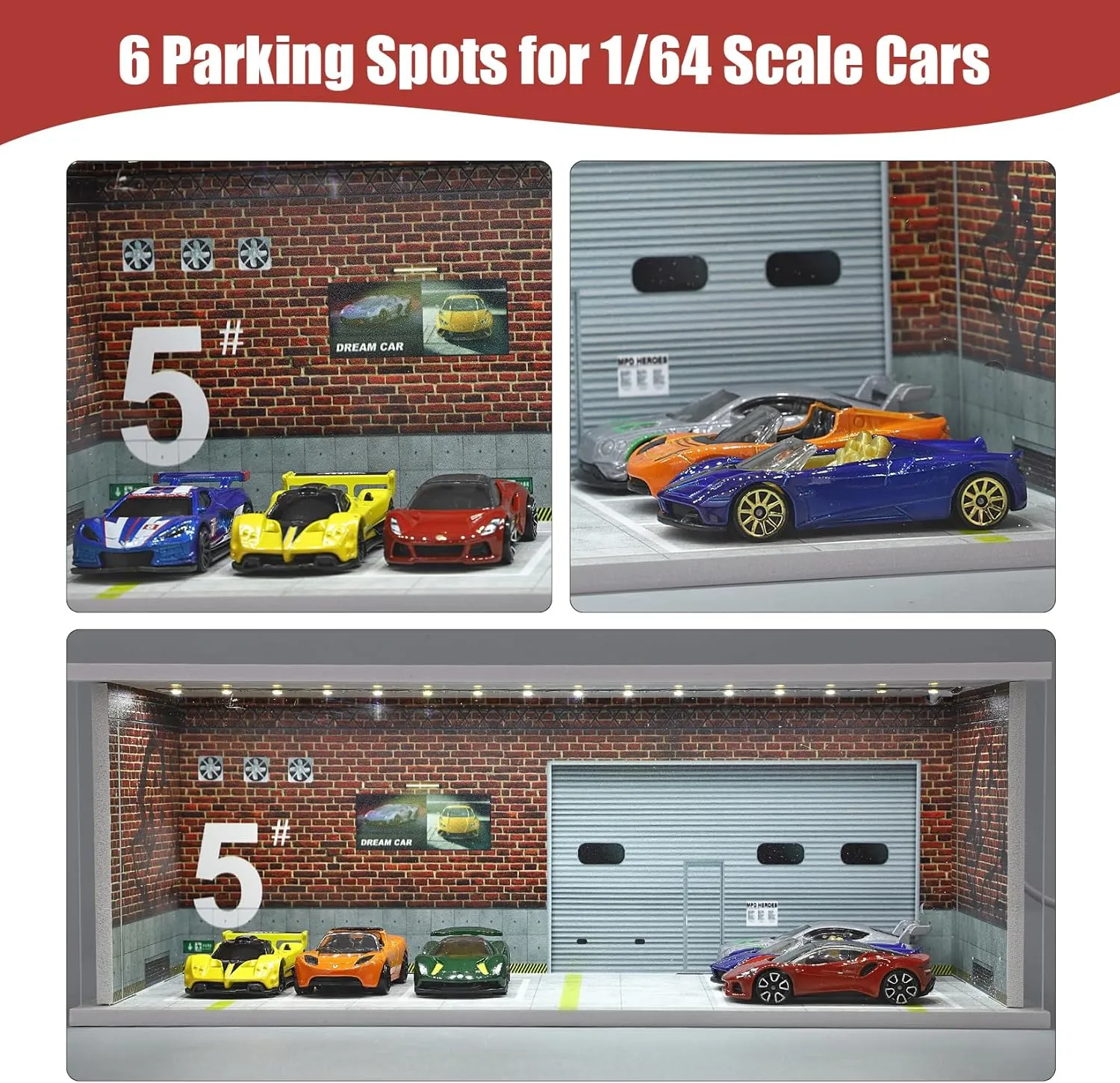 Display Case for Hot Wheels: Stackable Parking Garage for 1/64 Scale Matchbox Toy Car, Foam Board Storage for Monster Trucks with LED Light and Acrylic Cover, Red Factory