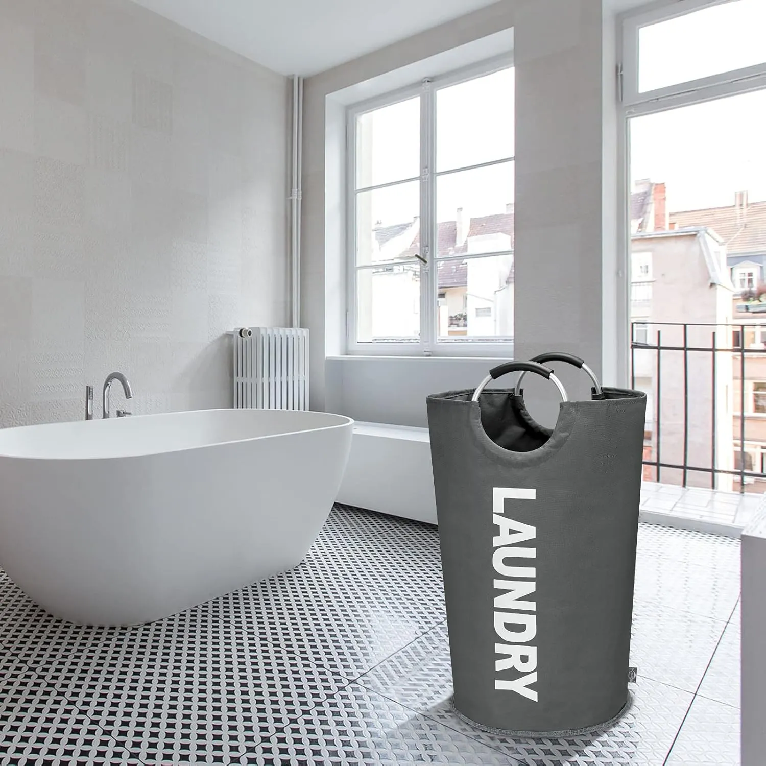 DOKEHOM 90L Large Laundry Basket, Collapsible Laundry Bag, Freestanding Tall Clothes Hamper, Foldable Washing Bin (Dark Grey)