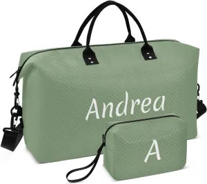 DOMIKING Green Personalized Duffel Bag Foldable Weekender Bag Overnight Bags for Women Men Custom Gym Bag with Toiletry Bag for Business Trip Sport Travel, 2 Pcs