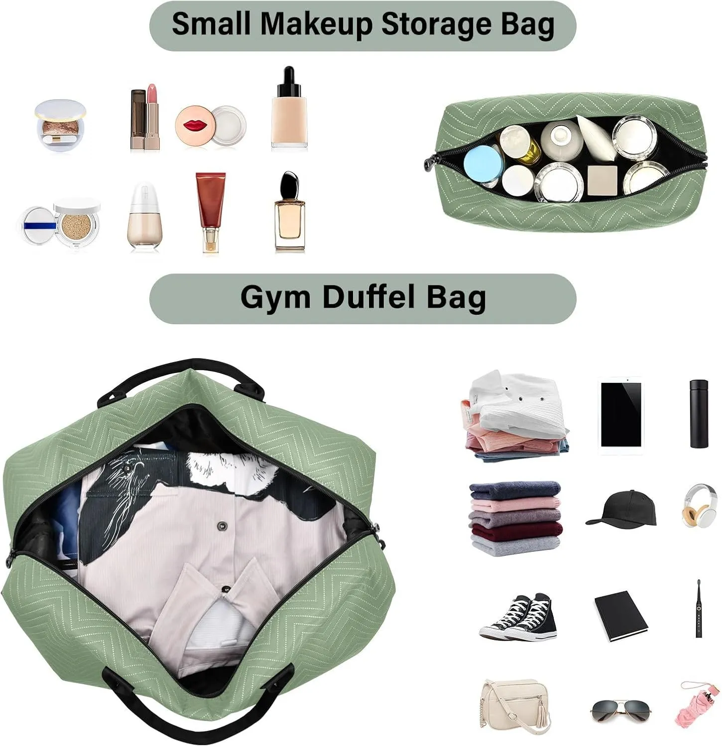 DOMIKING Green Personalized Duffel Bag Foldable Weekender Bag Overnight Bags for Women Men Custom Gym Bag with Toiletry Bag for Business Trip Sport Travel, 2 Pcs
