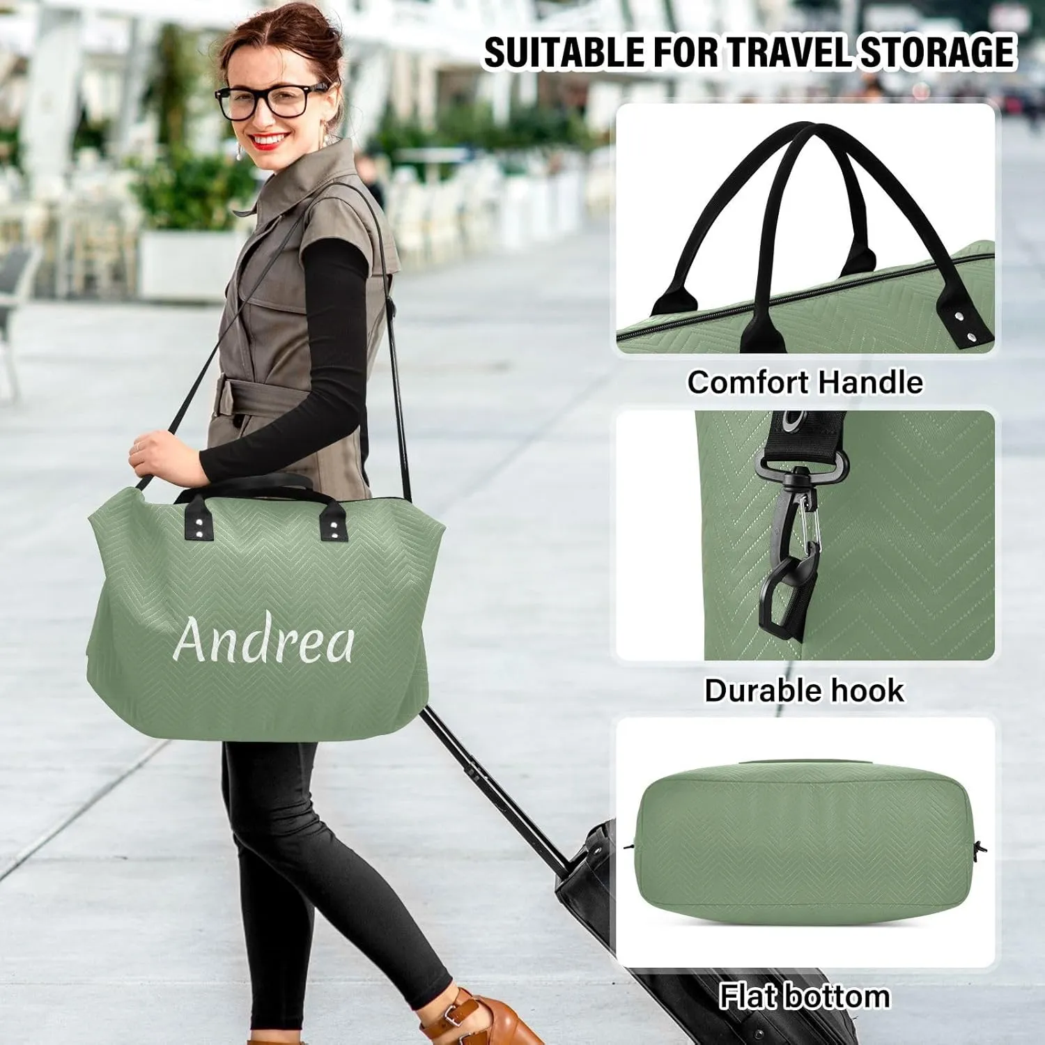DOMIKING Green Personalized Duffel Bag Foldable Weekender Bag Overnight Bags for Women Men Custom Gym Bag with Toiletry Bag for Business Trip Sport Travel, 2 Pcs