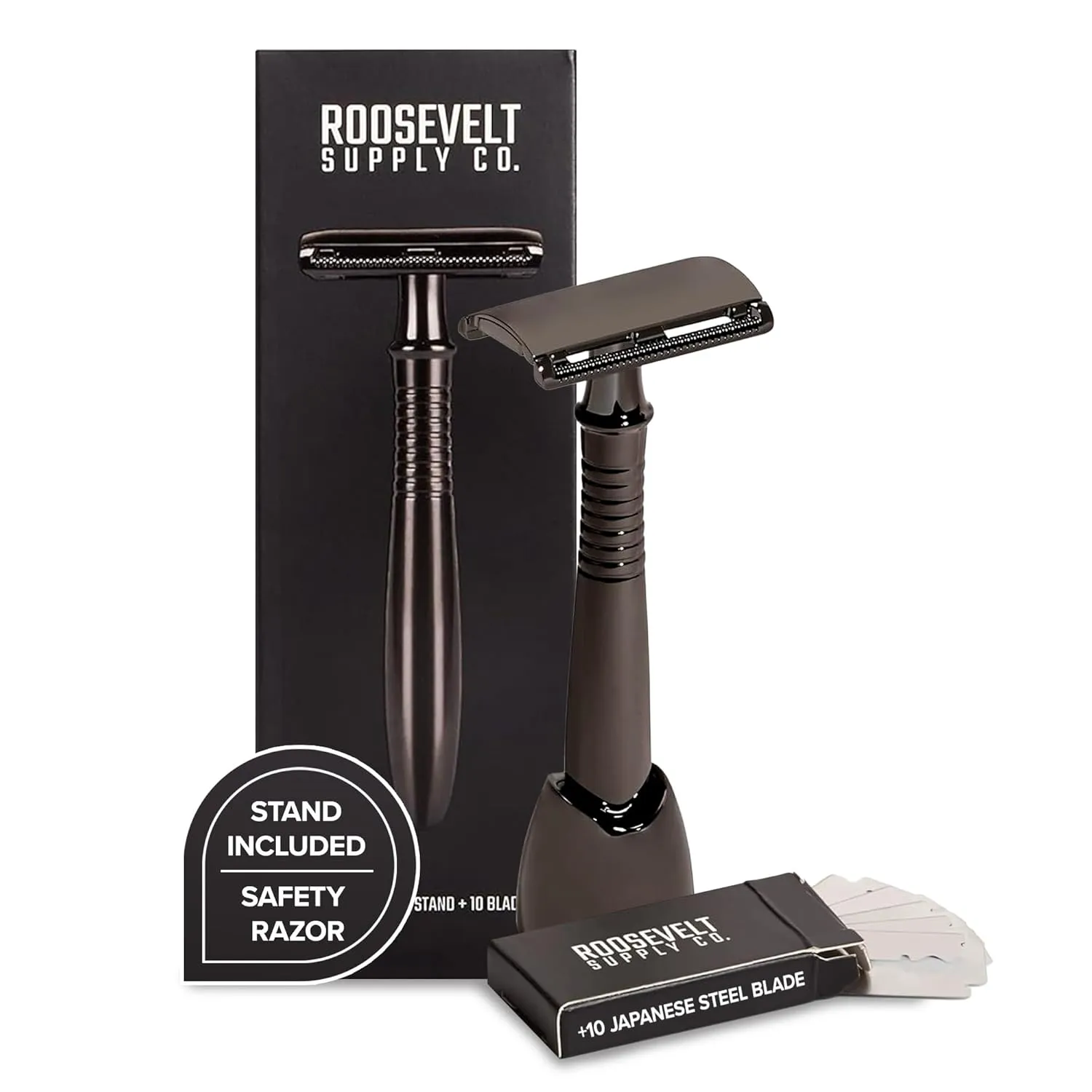 Double Edge Safety Razor for Men   10 Japanese Steel Blades. Long Handle. Smooth, Reusable, Eco-Friendly, Gunmetal Grey