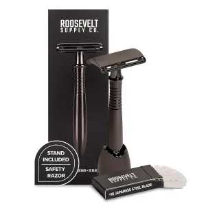 Double Edge Safety Razor for Men   10 Japanese Steel Blades. Long Handle. Smooth, Reusable, Eco-Friendly, Gunmetal Grey
