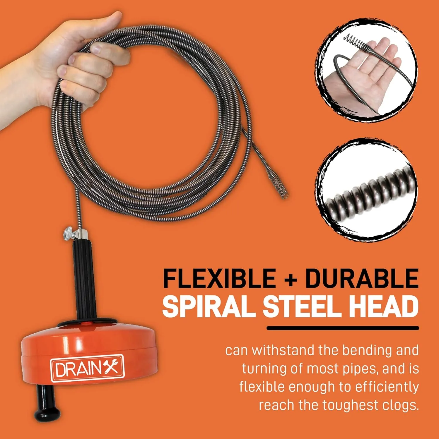 DrainX Drain Auger Pro | Heavy Duty Steel Drum Plumbing Drain Snake with 25-Ft Drain Cleaning Cable | Comes with Work Gloves and Storage Bag