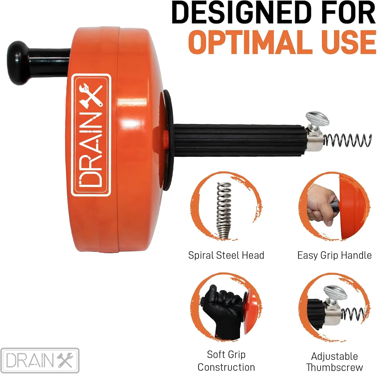 DrainX Drain Auger Pro | Heavy Duty Steel Drum Plumbing Drain Snake with 25-Ft Drain Cleaning Cable | Comes with Work Gloves and Storage Bag