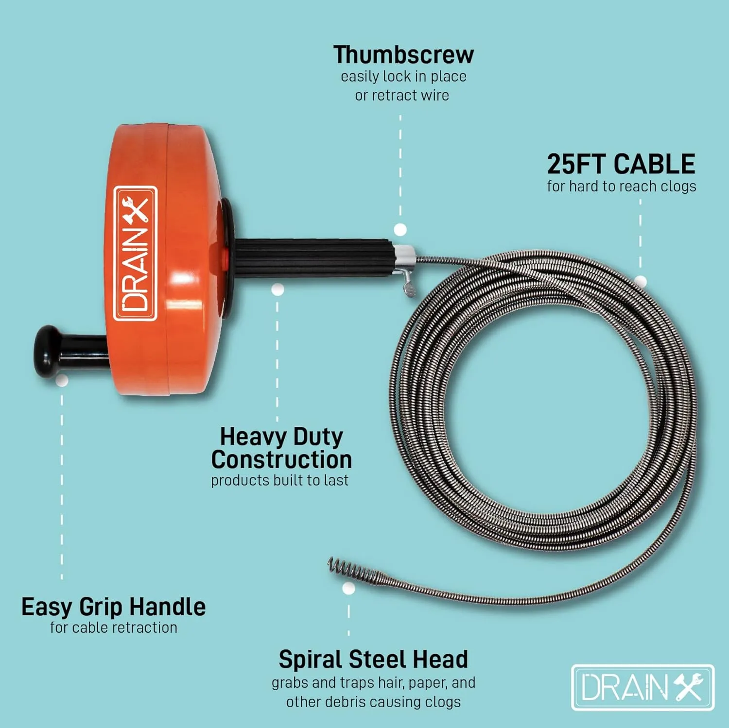 DrainX Drain Auger Pro | Heavy Duty Steel Drum Plumbing Drain Snake with 25-Ft Drain Cleaning Cable | Comes with Work Gloves and Storage Bag
