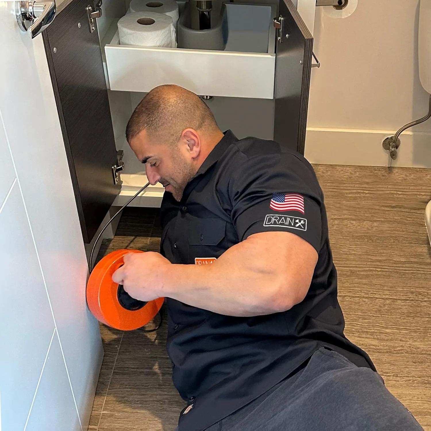DrainX Drain Auger Pro | Heavy Duty Steel Drum Plumbing Drain Snake with 25-Ft Drain Cleaning Cable | Comes with Work Gloves and Storage Bag