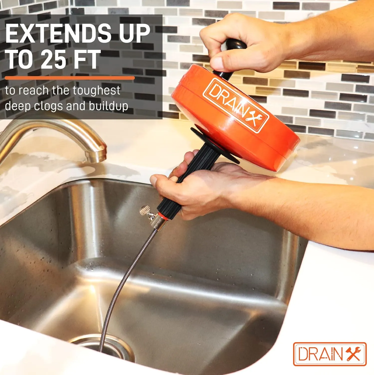 DrainX Drain Auger Pro | Heavy Duty Steel Drum Plumbing Drain Snake with 25-Ft Drain Cleaning Cable | Comes with Work Gloves and Storage Bag
