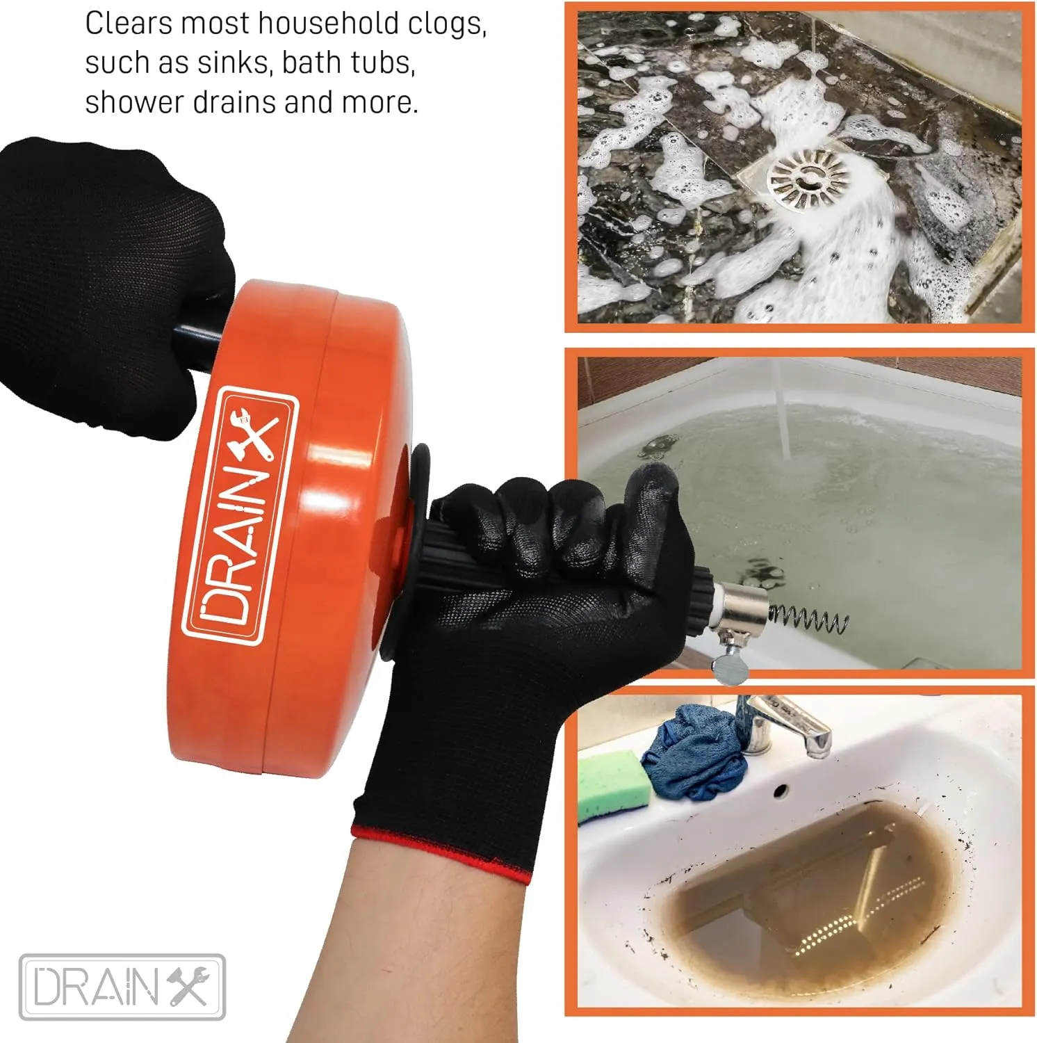 DrainX Drain Auger Pro | Heavy Duty Steel Drum Plumbing Drain Snake with 25-Ft Drain Cleaning Cable | Comes with Work Gloves and Storage Bag