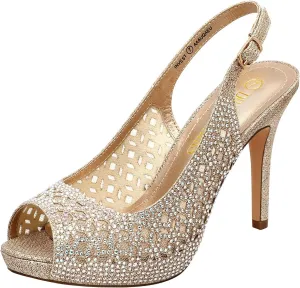 DREAM PAIRS Women's High Heels Platform Dress Rhinestones Peep Toe Pumps Shoes