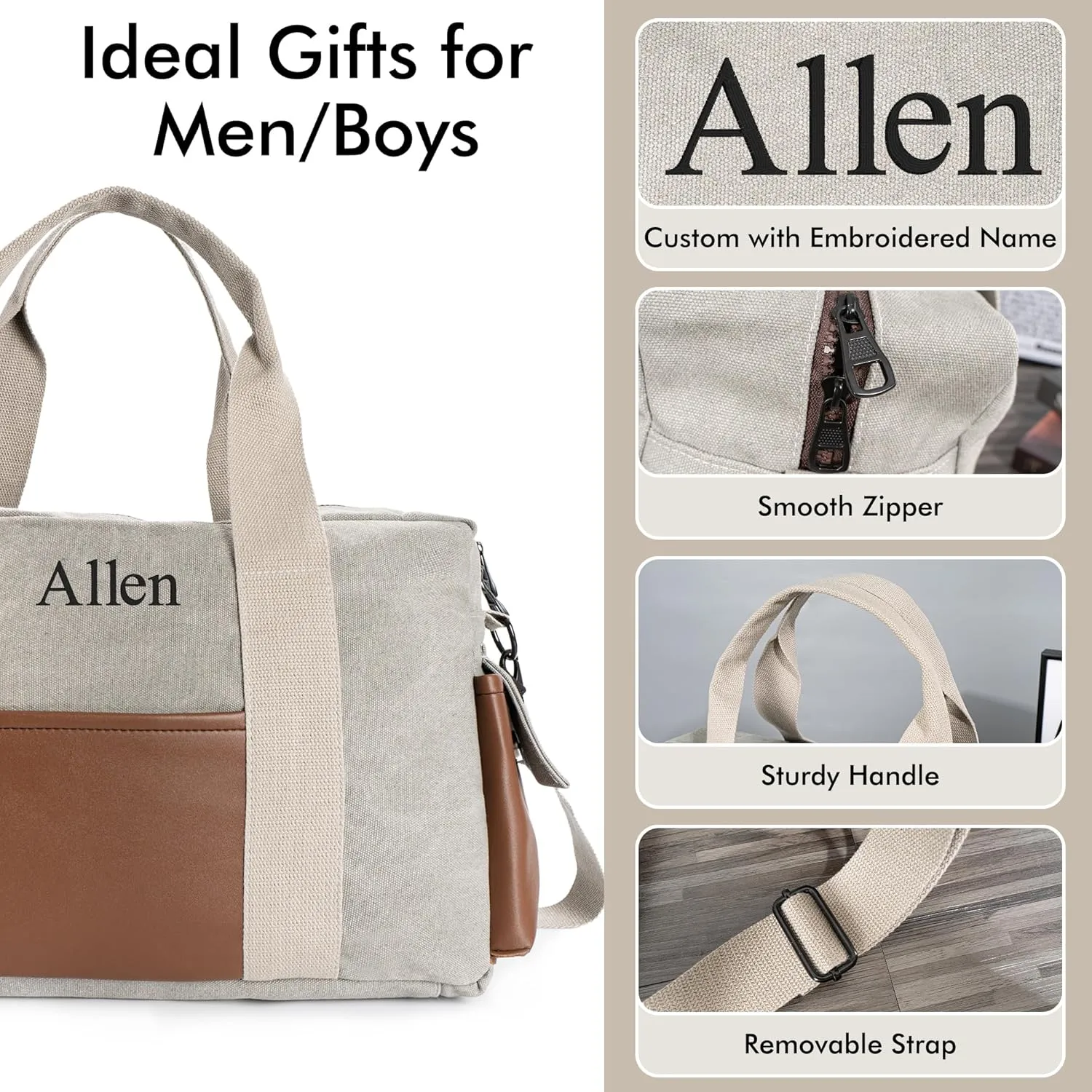 Duffle Bag for Men Personalized Overnight Bags with Name Weekender Bag with Leather Side Pocket Canvas Overnight Travel Bag Custom Groomsmen Gift for Wedding Travel Camping Moving (Gray)