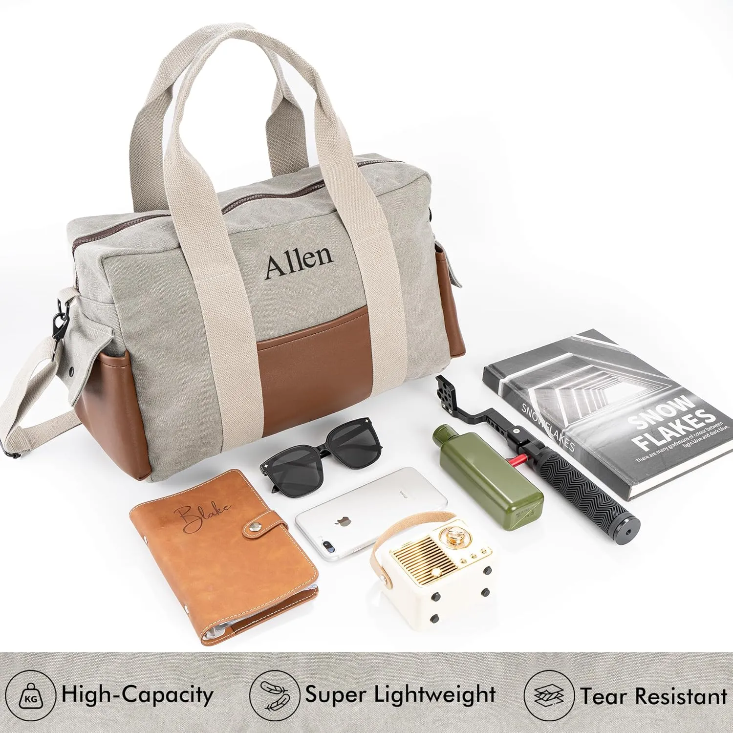Duffle Bag for Men Personalized Overnight Bags with Name Weekender Bag with Leather Side Pocket Canvas Overnight Travel Bag Custom Groomsmen Gift for Wedding Travel Camping Moving (Gray)