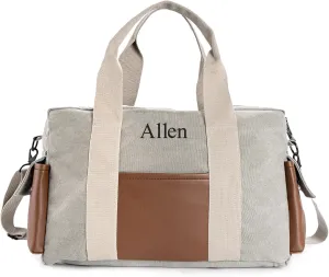 Duffle Bag for Men Personalized Overnight Bags with Name Weekender Bag with Leather Side Pocket Canvas Overnight Travel Bag Custom Groomsmen Gift for Wedding Travel Camping Moving (Gray)