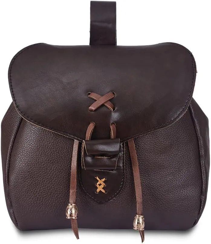 DUNHAO COS Renaissance Belt Pouch Medieval Costume Accessory Leather Drawstring Coin Purse LARP Waist Bag Dark Brown