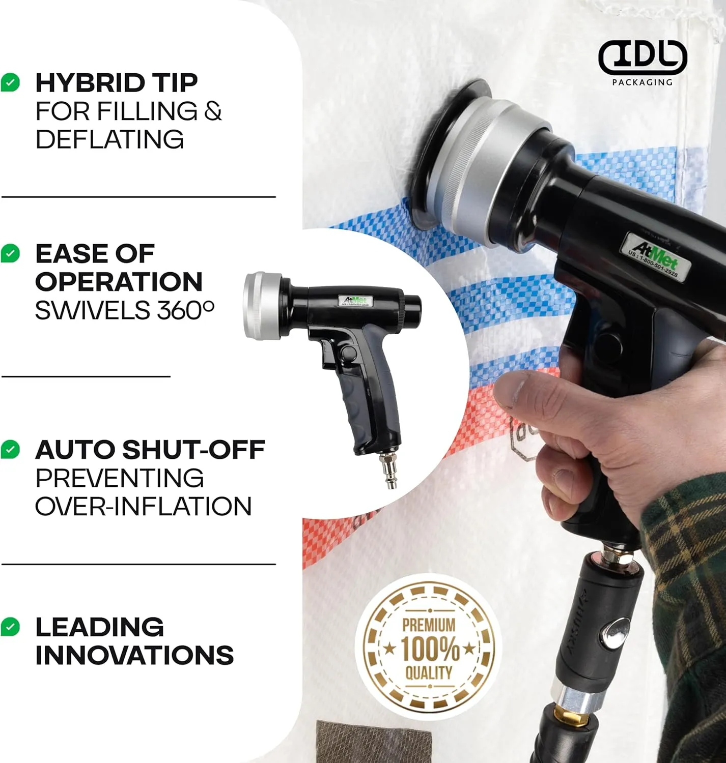 Dunnage Bags Air Gun (Connects to Air Line) - AtMet Dunnage Air Bag Inflator Gun with Hybrid Tip (No Gauge) - Inflatable Gun for Protective Bags when Transporting Goods by IDL Packaging