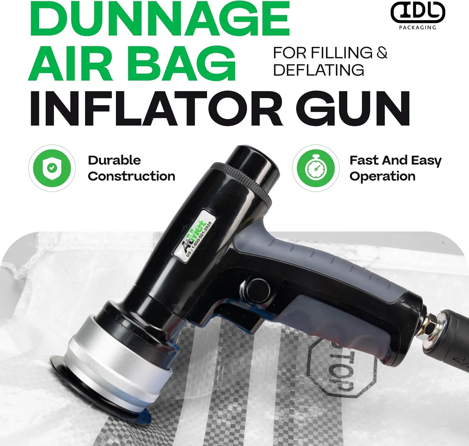 Dunnage Bags Air Gun (Connects to Air Line) - AtMet Dunnage Air Bag Inflator Gun with Hybrid Tip (No Gauge) - Inflatable Gun for Protective Bags when Transporting Goods by IDL Packaging