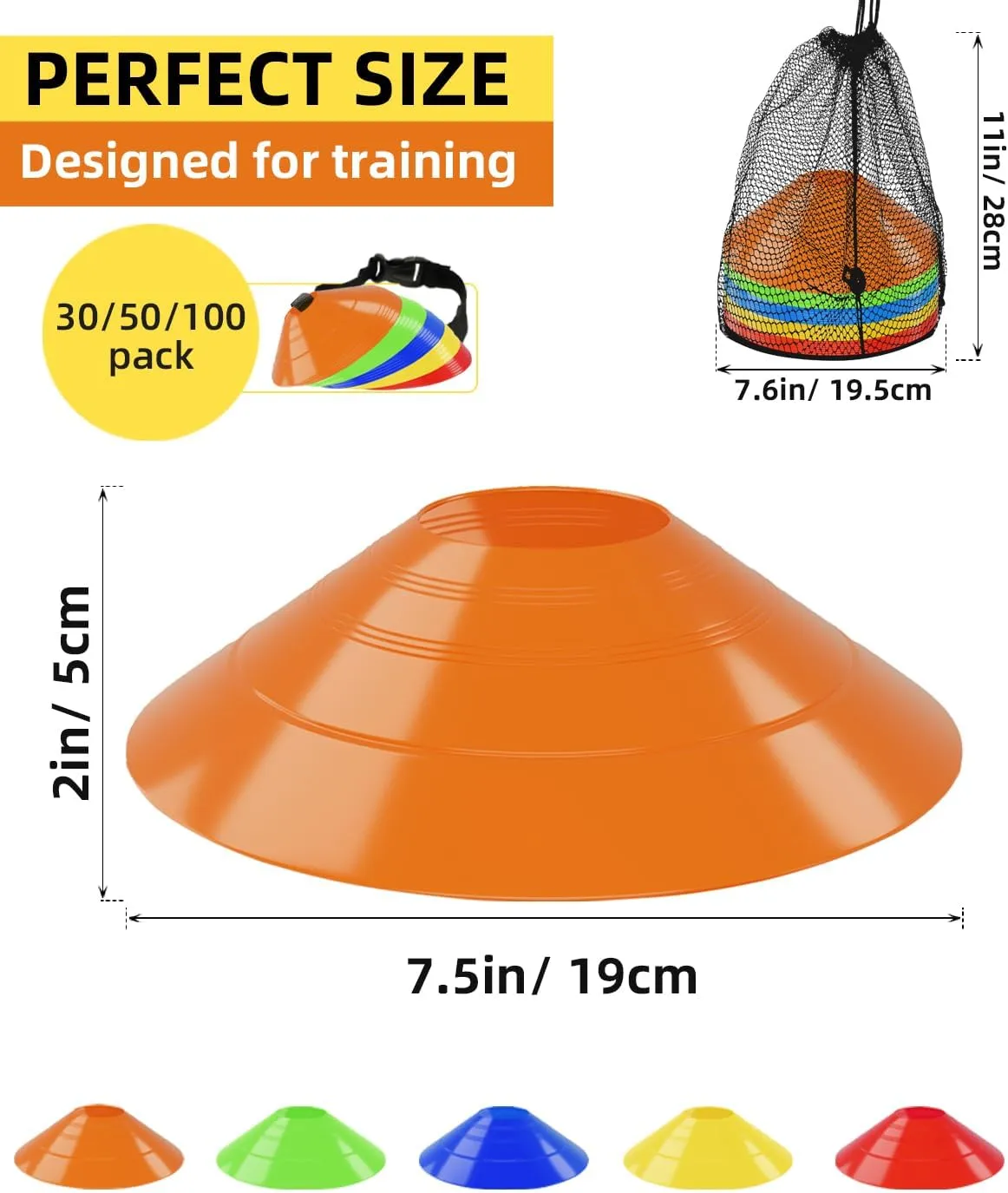 duskeep 30/50/100 Pack Soccer Cones, Disc Cones for Sports Training with Mesh Bag, Sports Cones for Training Drills Practice