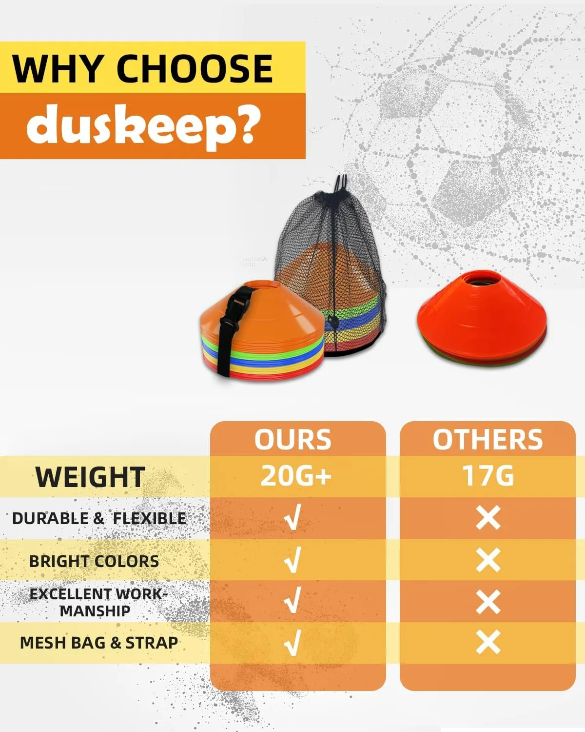 duskeep 30/50/100 Pack Soccer Cones, Disc Cones for Sports Training with Mesh Bag, Sports Cones for Training Drills Practice