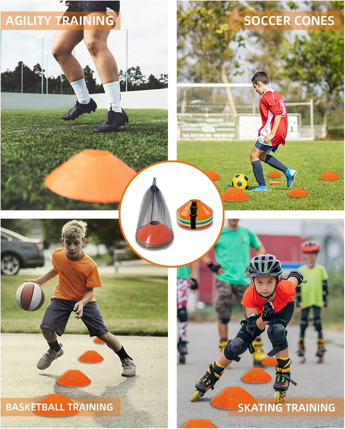 duskeep 30/50/100 Pack Soccer Cones, Disc Cones for Sports Training with Mesh Bag, Sports Cones for Training Drills Practice