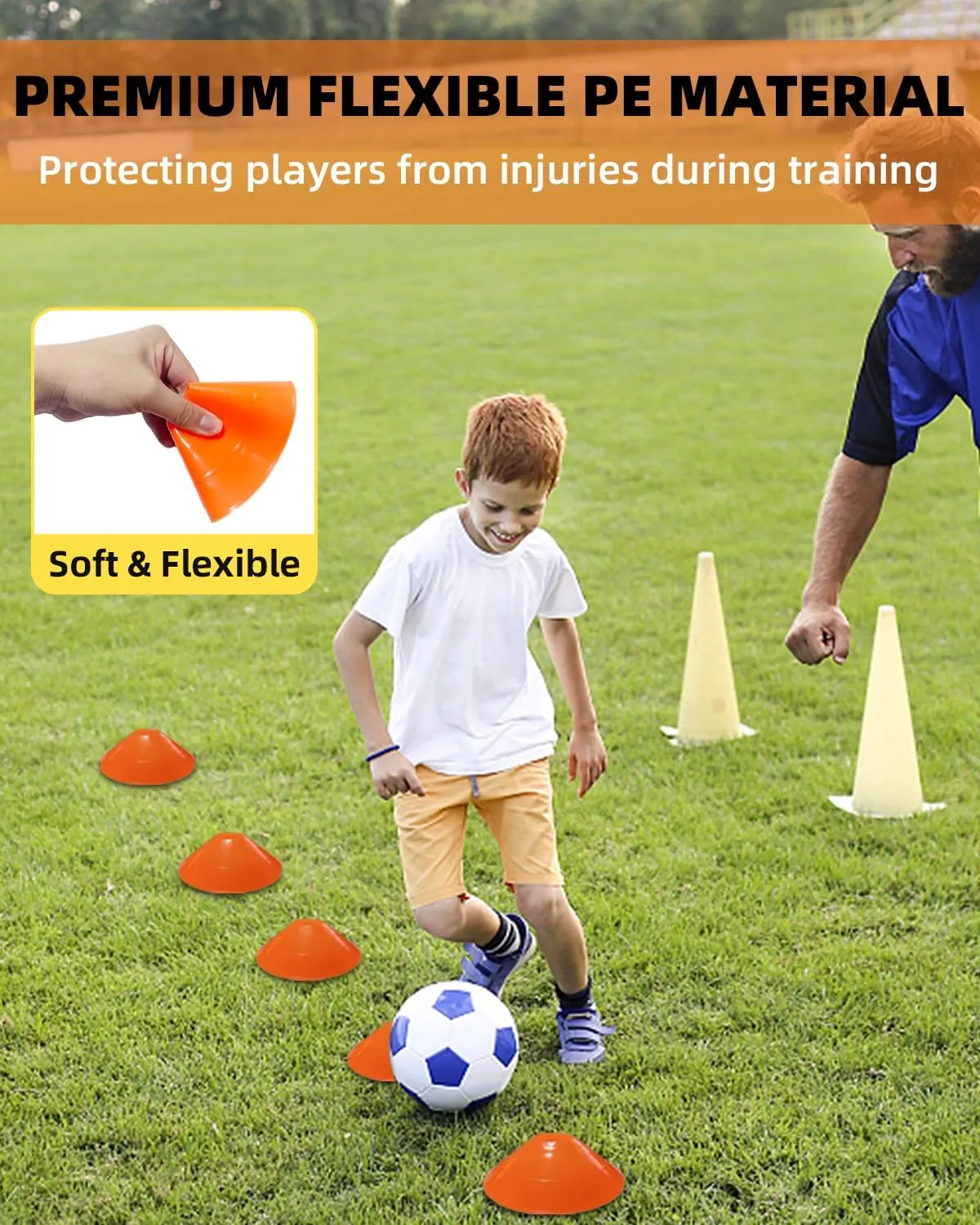 duskeep 30/50/100 Pack Soccer Cones, Disc Cones for Sports Training with Mesh Bag, Sports Cones for Training Drills Practice
