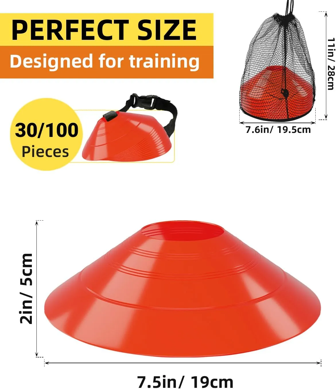 duskeep 30/50/100 Pack Soccer Cones, Disc Cones for Sports Training with Mesh Bag, Sports Cones for Training Drills Practice