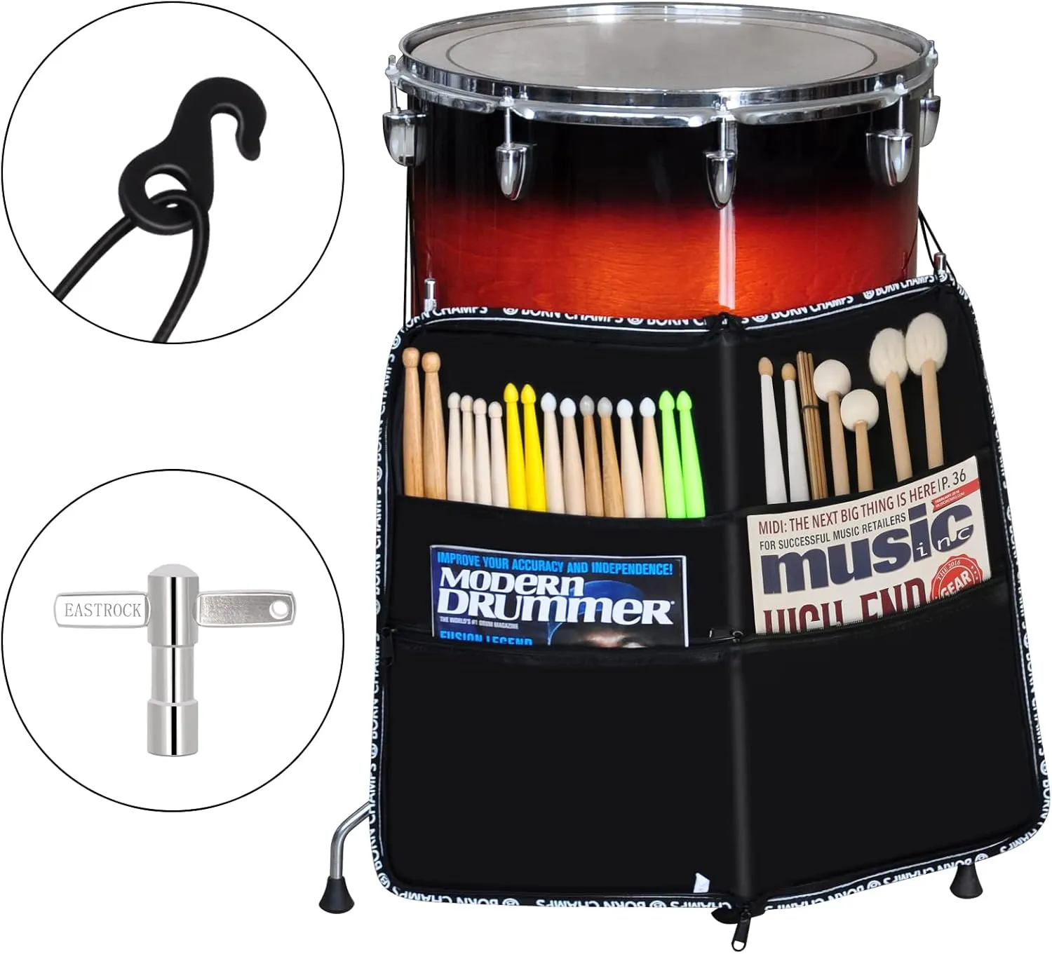 EASTROCK Drum Sticks Bag - Large Capacity Holder with Drum Key, Hook, Strap (Black)