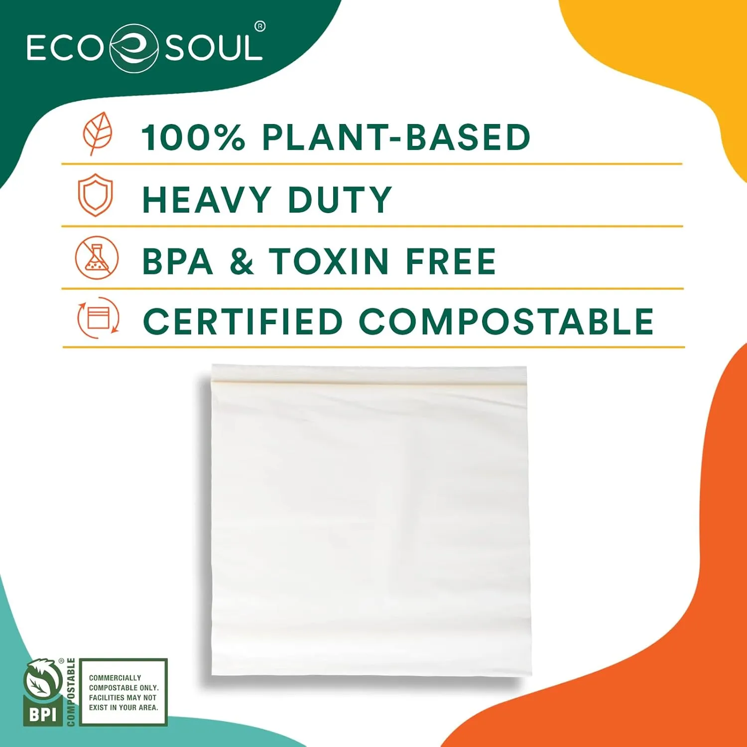 ECO SOUL 100% Compostable Gallon Bags [40 Counts][11.5"x10.6"] Resealable Bags, Freezer, Eco-friendly Zip, Leakproof, Biodegradable for Food