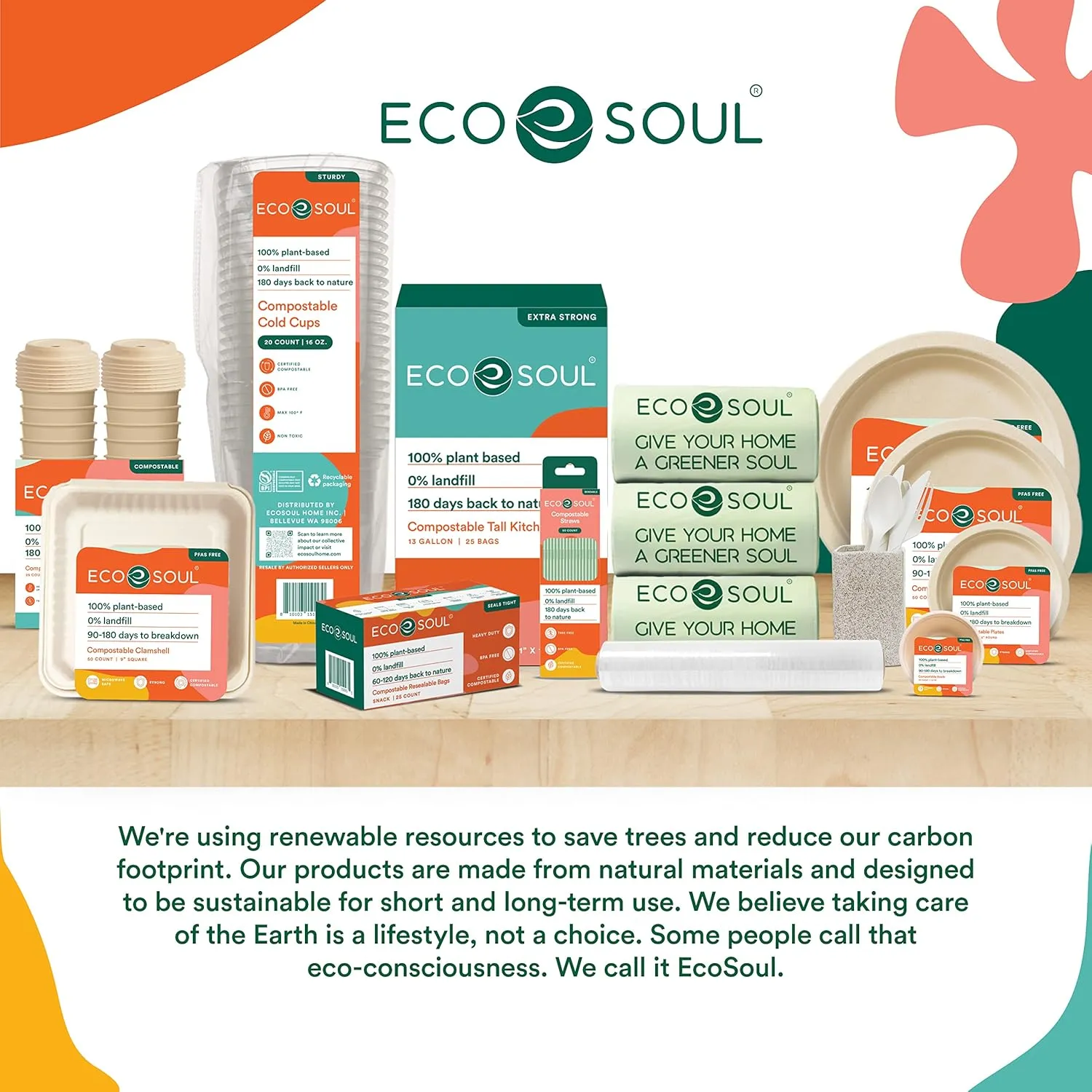ECO SOUL 100% Compostable Gallon Bags [40 Counts][11.5"x10.6"] Resealable Bags, Freezer, Eco-friendly Zip, Leakproof, Biodegradable for Food