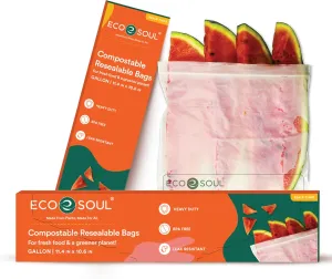 ECO SOUL 100% Compostable Gallon Bags [40 Counts][11.5"x10.6"] Resealable Bags, Freezer, Eco-friendly Zip, Leakproof, Biodegradable for Food