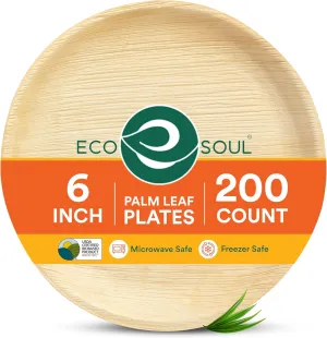 ECO SOUL 200 Count Round Palm Leaf Plates of 6 Inch - Disposable, Eco-Friendly, Biodegradable Bamboo Plates - Perfect for Parties, Catering, Weddings & Large Events
