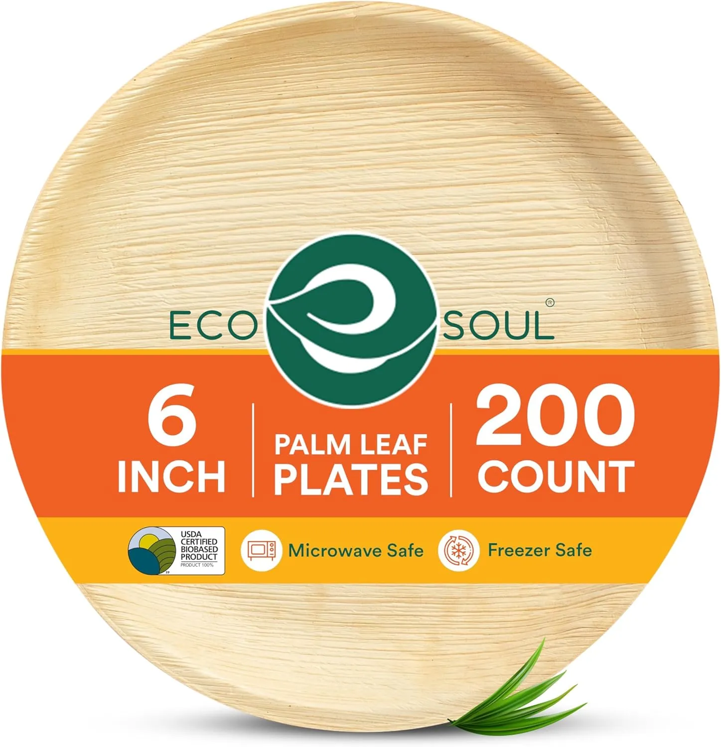 ECO SOUL 200 Count Round Palm Leaf Plates of 6 Inch - Disposable, Eco-Friendly, Biodegradable Bamboo Plates - Perfect for Parties, Catering, Weddings & Large Events
