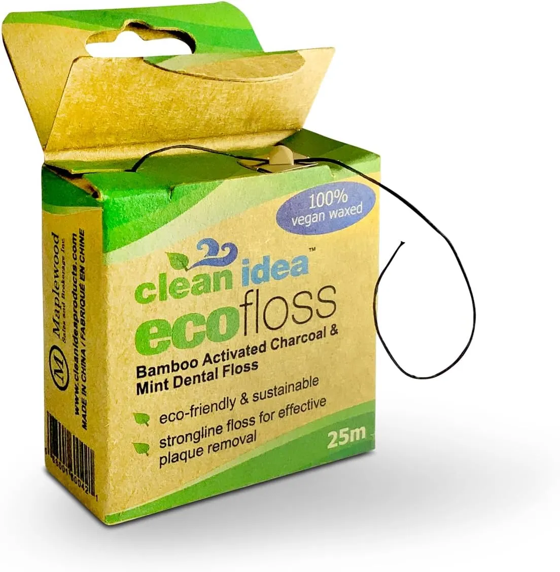 EcoFloss 6x25m, Eco Friendly Natural Floss, Charcoal Infused Bamboo Floss, Biodegradable and 100% Waxed Vegan, Non Toxic Mint Flavoured