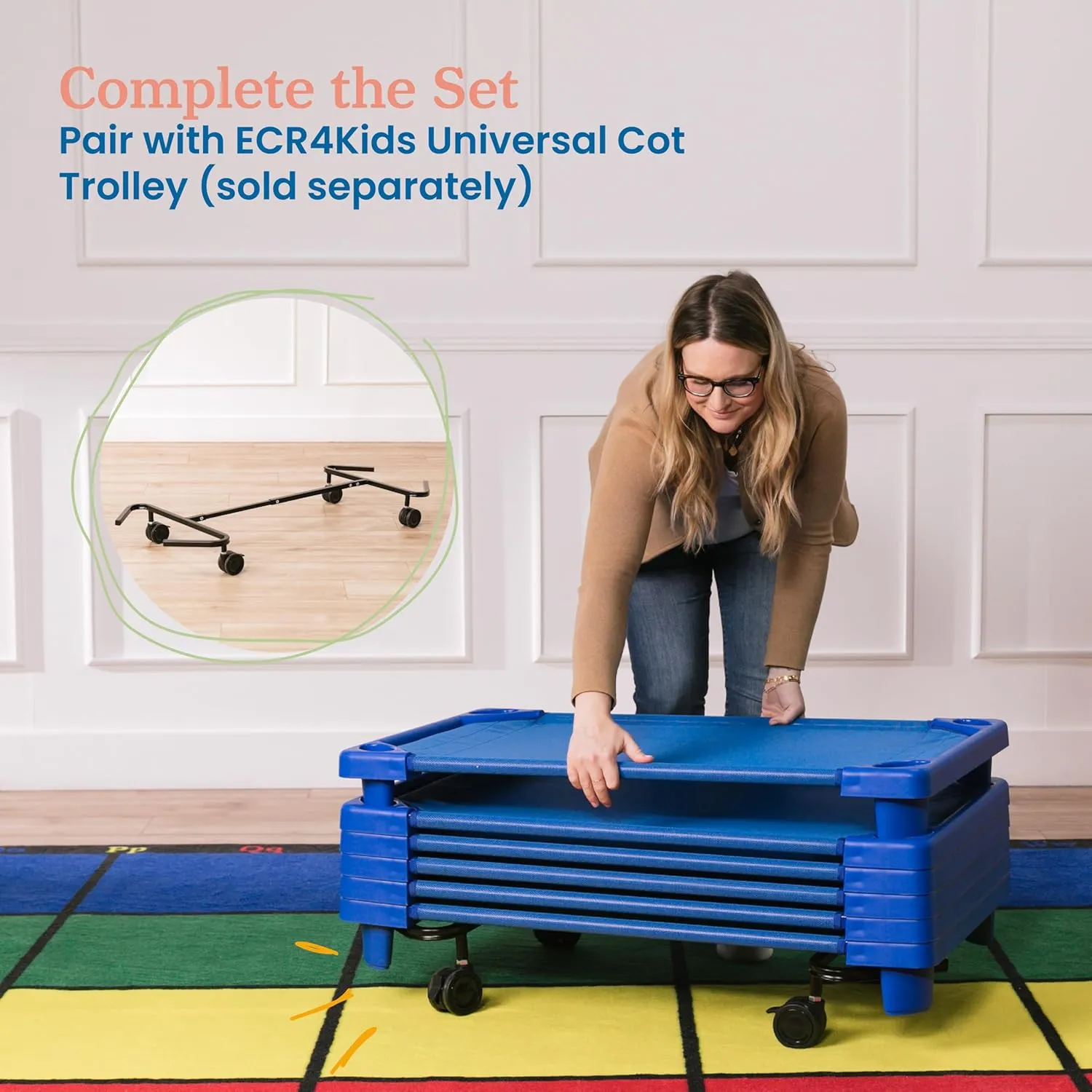 ECR4Kids Stackable Kiddie Cot, Ready-To-Assemble, Toddler Size, Classroom Furniture, Blue, 6-Pack